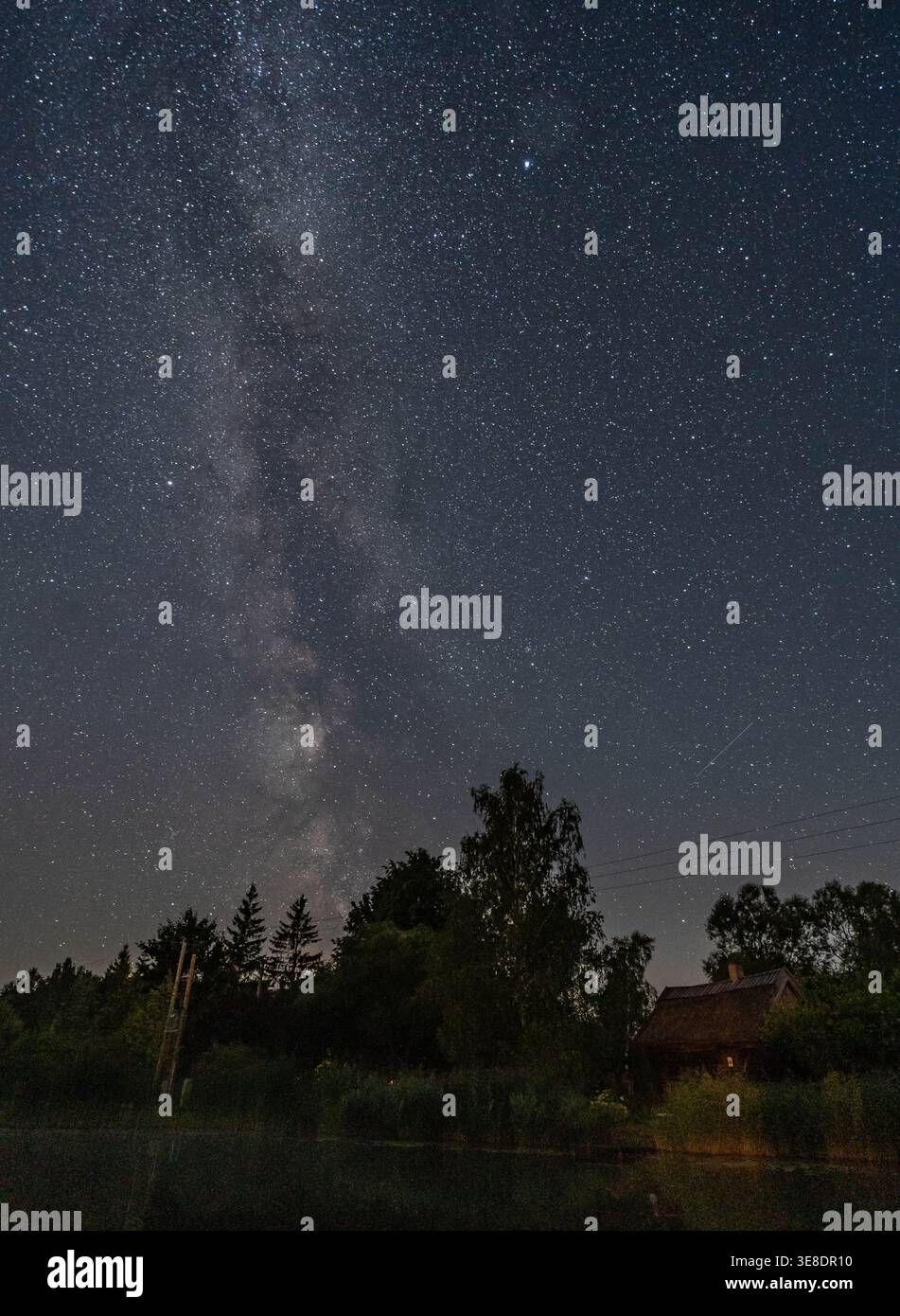 Via Lattea sopra casa rurale e alberi di notte Foto Stock