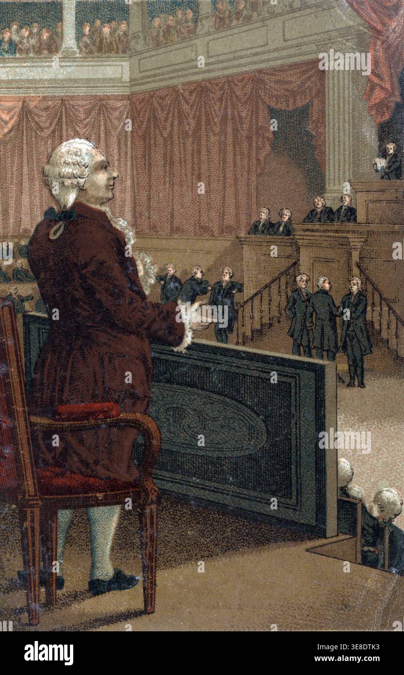 Processo contro re Luigi XVI di Francia, processato e dichiarato colpevole di alto tradimento, gennaio 1793. Bon Point, circa 1890. Cromolitografia. Foto Stock