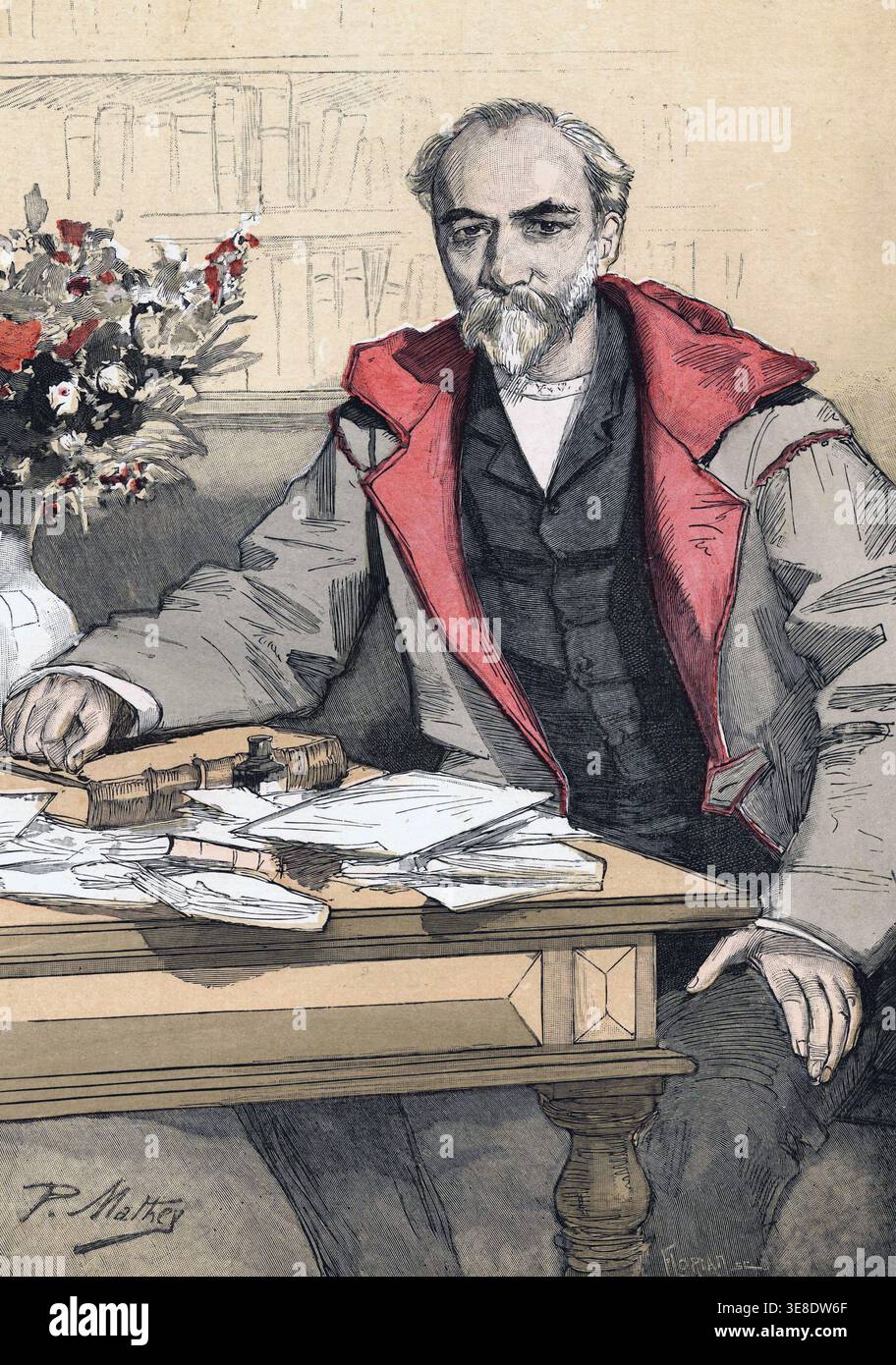 Ritratto di Andre Theuriet, romanziere francese (1833-1907). Disegno di P. Mathey. Foto Stock