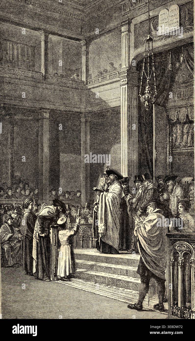 Interno di una sinagoga in Francia. incisione del xix secolo Foto Stock