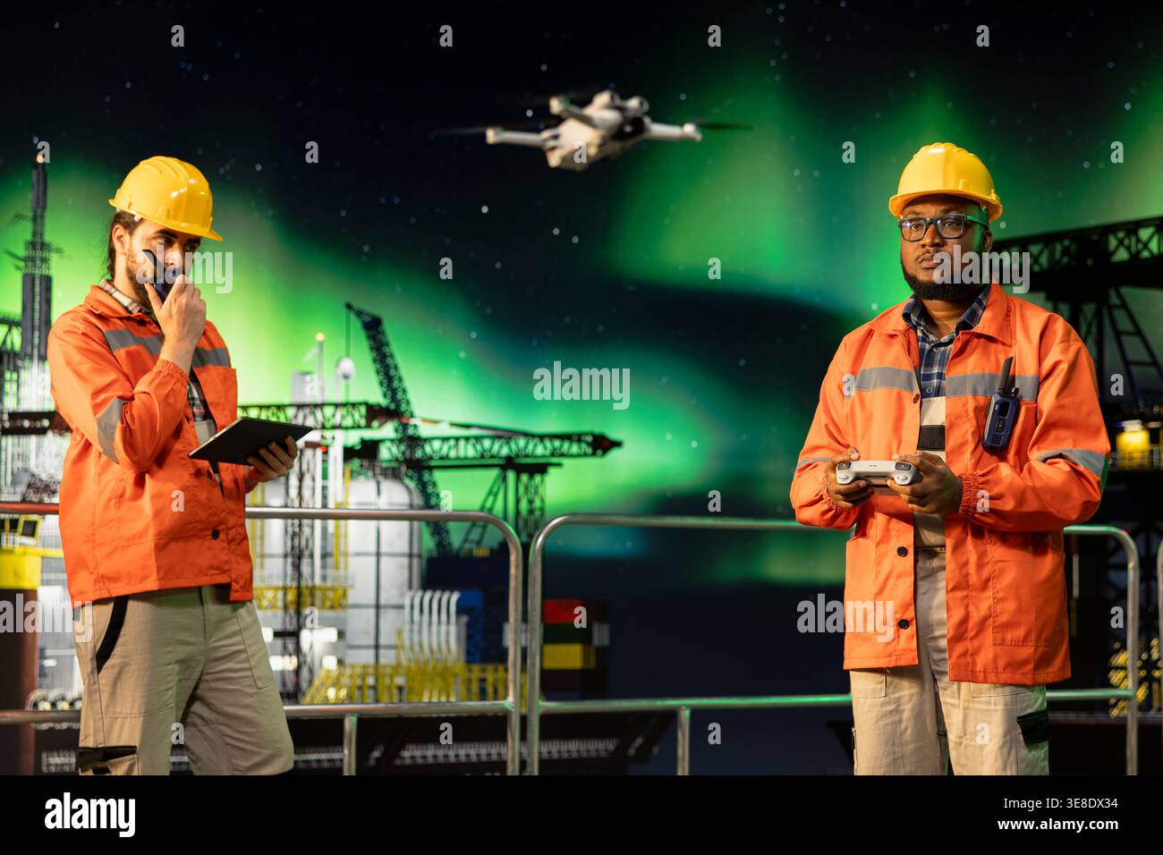 Drone pilotato dallo specialista di chiatte di perforazione per monitorare le tubazioni durante la notte dell'aurora boreale. Uomo afroamericano sul ponte della piattaforma offshore che utilizza una telecamera UAV per identificare potenziali perdite di tubi Foto Stock