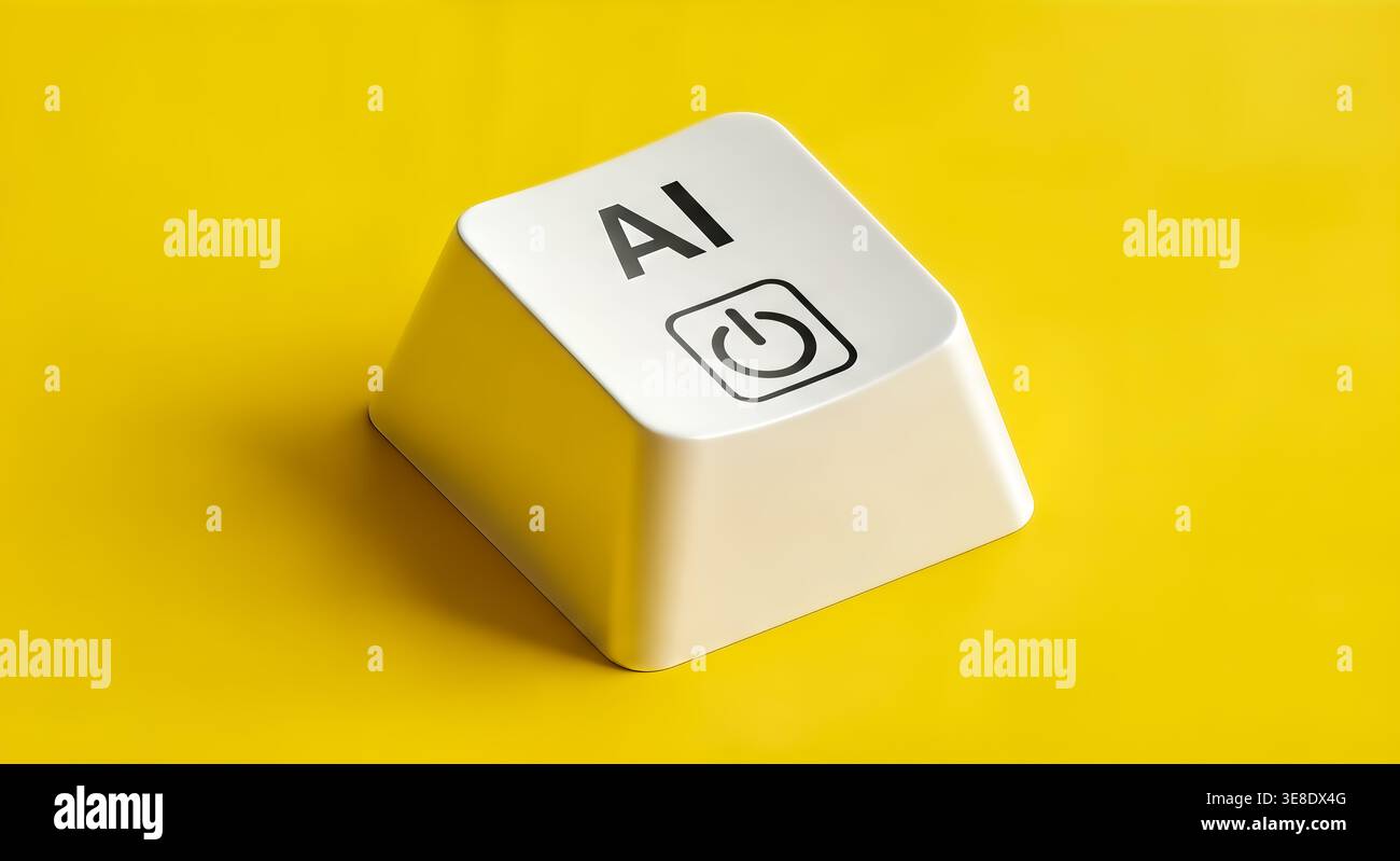 Concetto di avvio dell'intelligenza artificiale, tasto bianco della tastiera per computer con testo ai, simbolo di potenza su sfondo giallo brillante, vista isometrica, mod Foto Stock