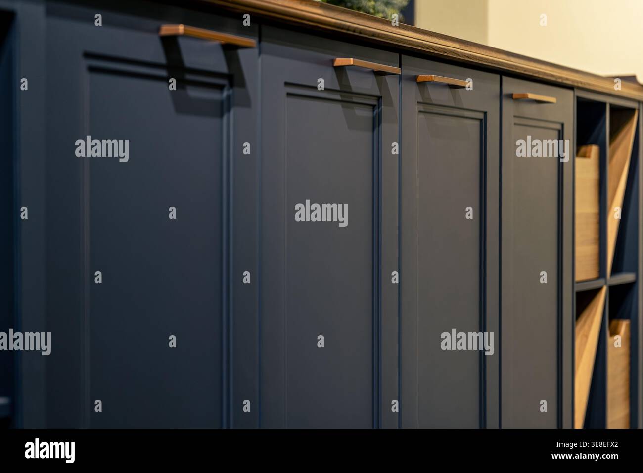 Arredi moderni. Porte blu con squisite maniglie in rame e piano in legno. Foto Stock
