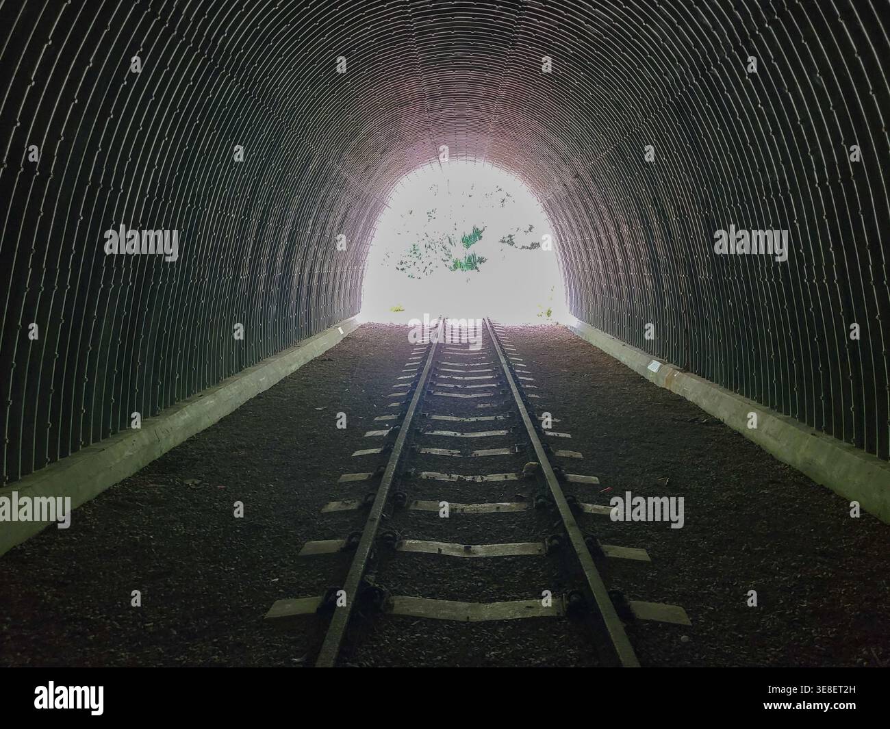 Il tunnel porta alla luce alla sua fine I binari del treno attraversano il passaggio buio. Le pareti in cemento curvano verso l'alto su entrambi i lati. Linee di ghiaia t Foto Stock