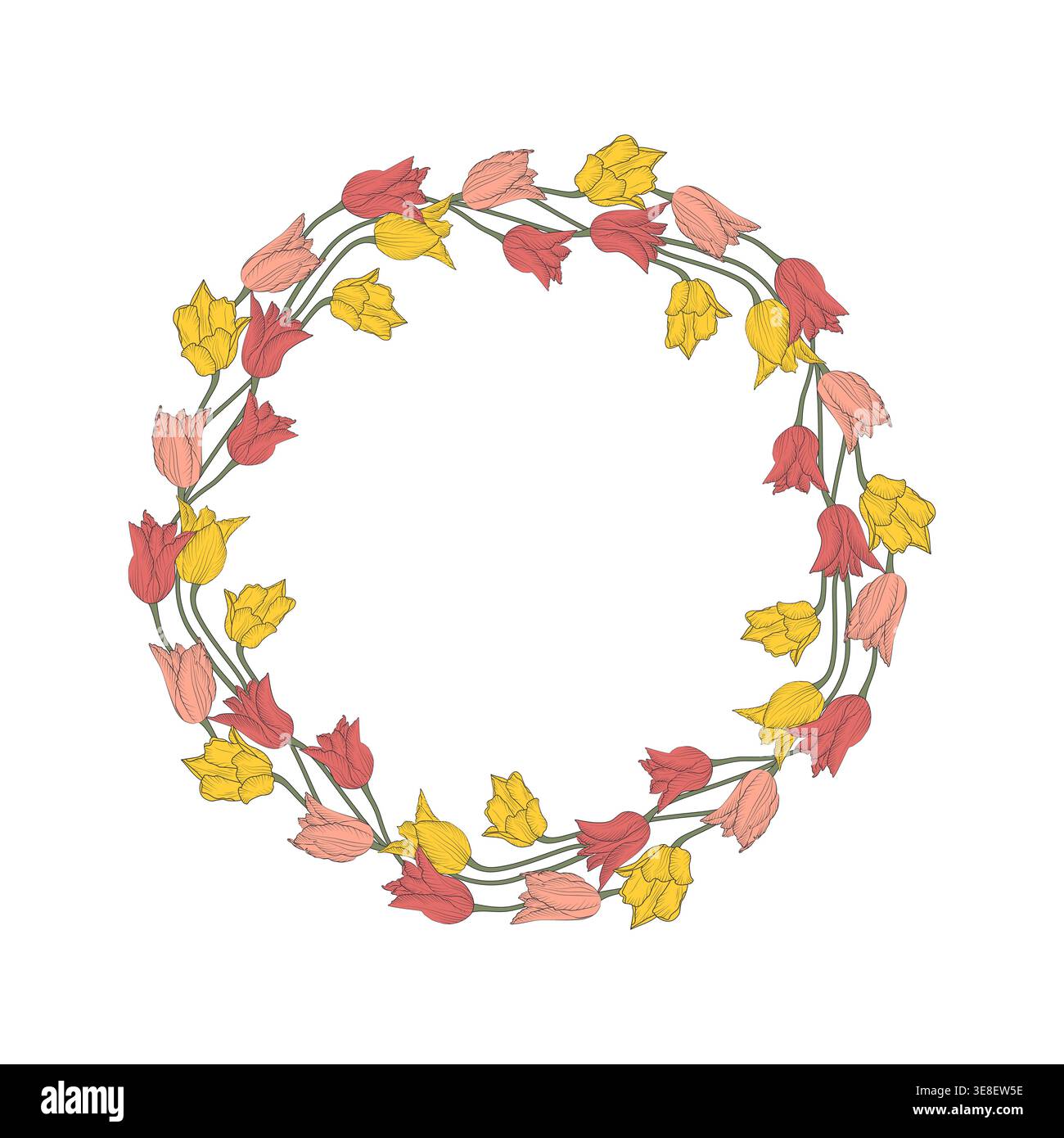 Rosa e giallo disegnati a mano tulipani fiori corona isolata su bianco Illustrazione Vettoriale