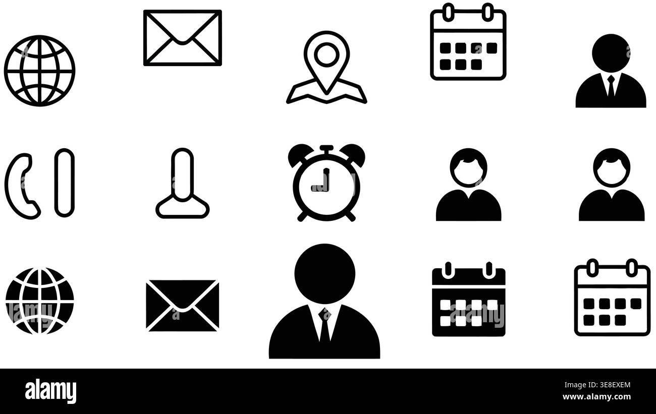 Set di icone di contorno per contatto e interfaccia, e-mail, telefono, posizione, utente, calendario e vettore sveglia Illustrazione Vettoriale