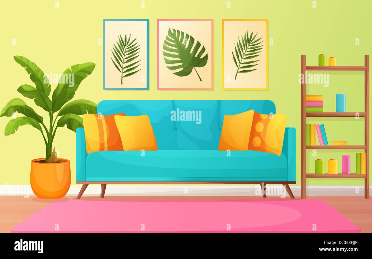 Moderno salotto con illustrazione vettoriale con divano e pianta Illustrazione Vettoriale