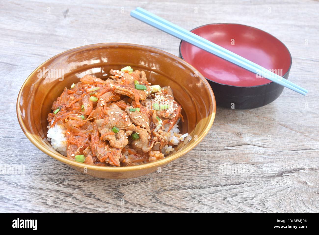 Fetta fritta di carne di maiale fermentata con salsa giapponese piccante con condimento di sesamo bianco e zenzero sottaceto su riso semplice nel recipiente Foto Stock