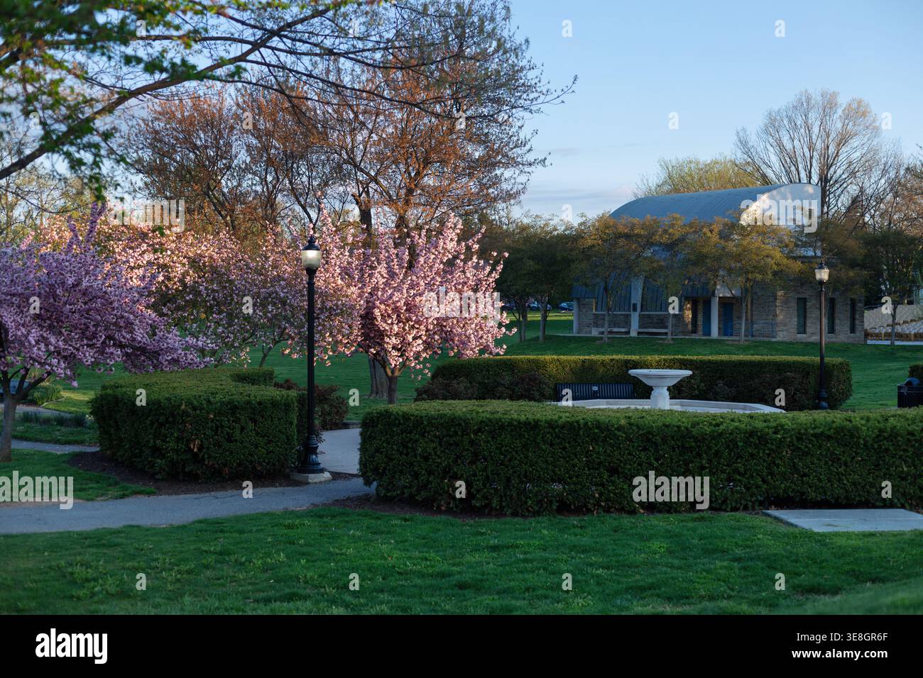 Vista panoramica di prima mattina del Baker Park Bandshell e di una classica fontana bianca circondata da fiori di primavera rosa a Frederick, Maryland. Foto Stock