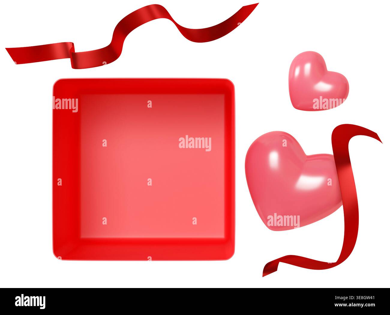 Una confezione regalo rossa si trova accanto a due cuori rosa e brillanti nastri. Questa configurazione offre spazio per messaggi personali e decorazioni per i regali di San Valentino Foto Stock