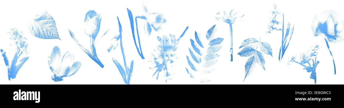 Illustrazione vettoriale del cianotipo blu con foglie di mezzitoni Illustrazione Vettoriale