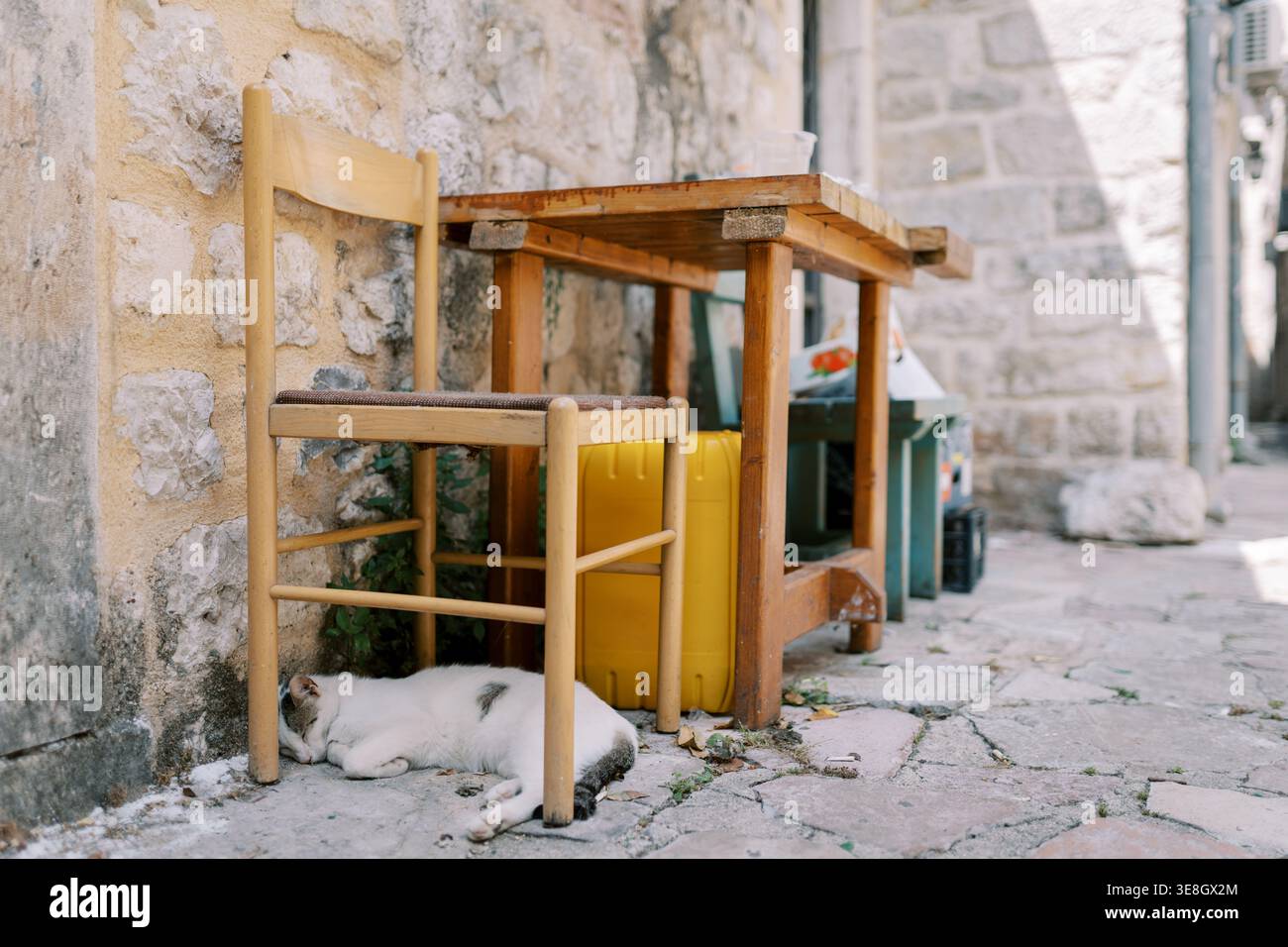 Il sole bagna l'angolo della strada vintage. Pietre antiche e posti a sedere ombreggiati creano calma Foto Stock