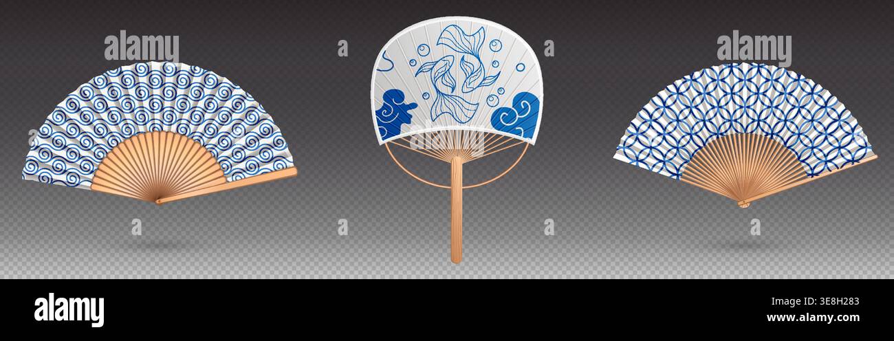 Ventola giapponese con tradizionale design ornato della carta, realistiche illustrazioni vettoriali isolate su trasparente. Accessorio asiatico portatile con manico in bambù in legno e motivi decorativi orientali per pesci Illustrazione Vettoriale