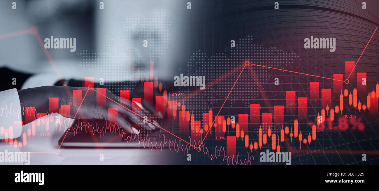 Le tendenze di mercato visualizzano l'analisi attraverso un collage digitale con linee dati e grafici a barre Foto Stock