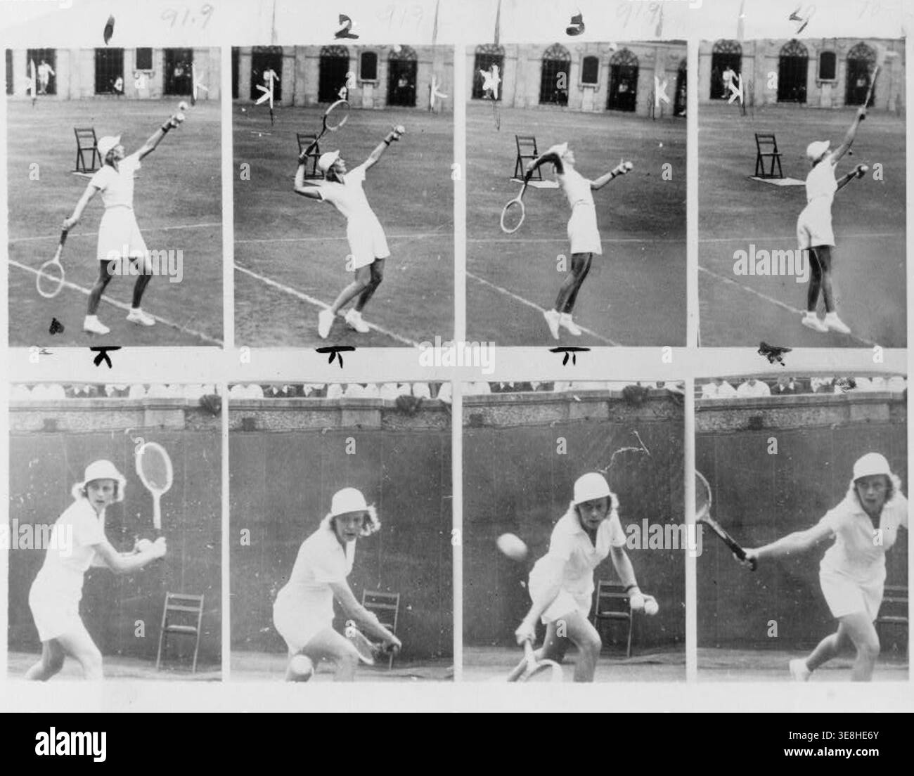 Foto storiche d'epoca di Alice Marble che gioca a tennis a Forest Hills, mostrando immagini sequenziali che illustrano il suo servizio e la sua tecnica del rovescio sul campo. Studio sportivo dei primi anni del XX secolo che cattura il movimento, la forma atletica e il gioco competitivo. Foto Stock
