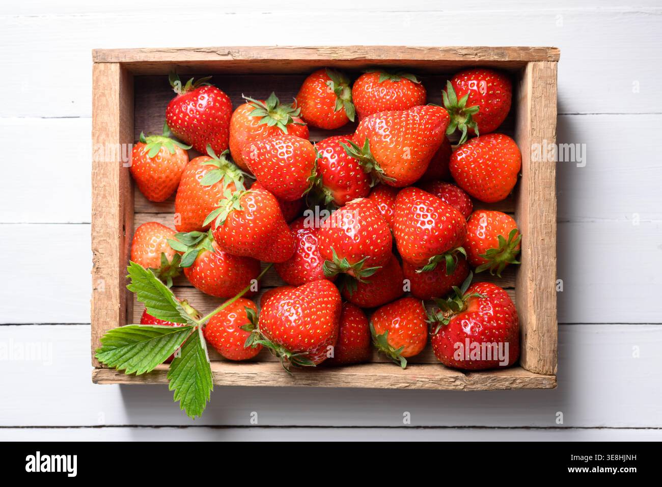 Fragole mature raccolte in un contenitore di legno su un tavolo di legno bianco. Bacche rosse vivaci con semi e cime frondose, sfondo di frutta estiva per il cibo Foto Stock