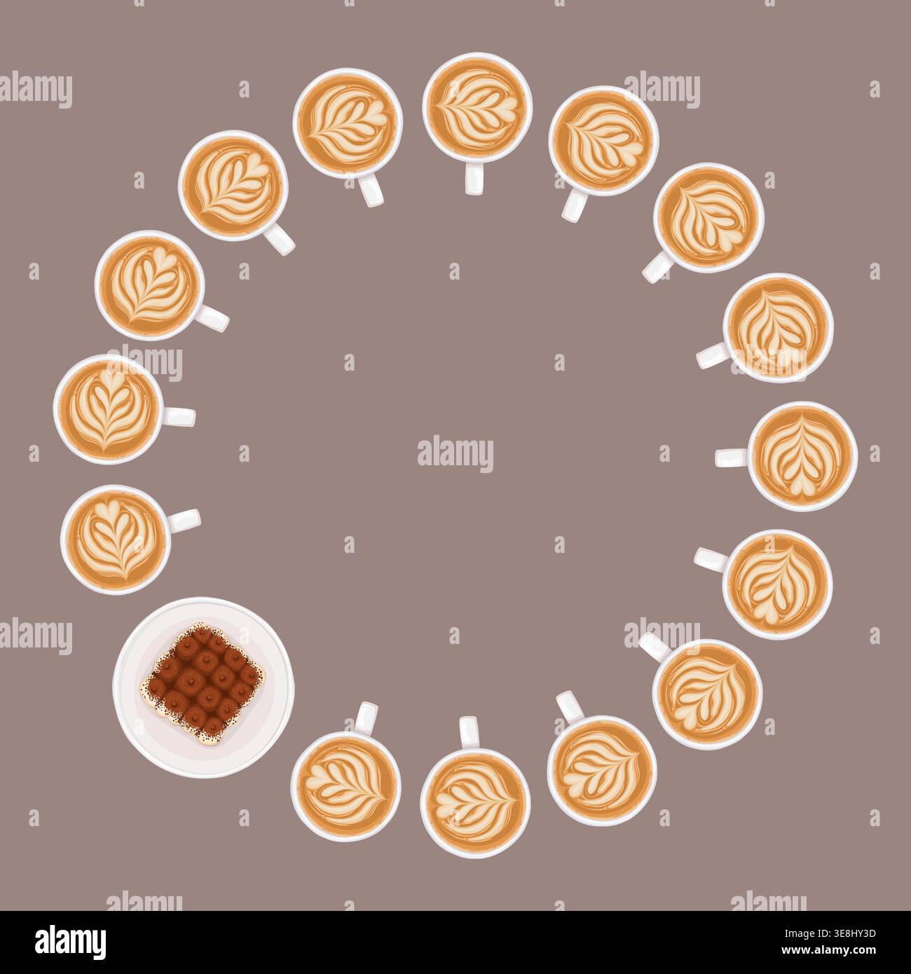Illustrazione del cibo vettoriale con telaio circolare per cappuccino e tiramisù. Corona di cartoni animati disegnata a mano con torta e crema di caffè. Dessert dolce per il logo del caffè o il design del menu. Perfetto per il confezionamento dei prodotti. Illustrazione Vettoriale