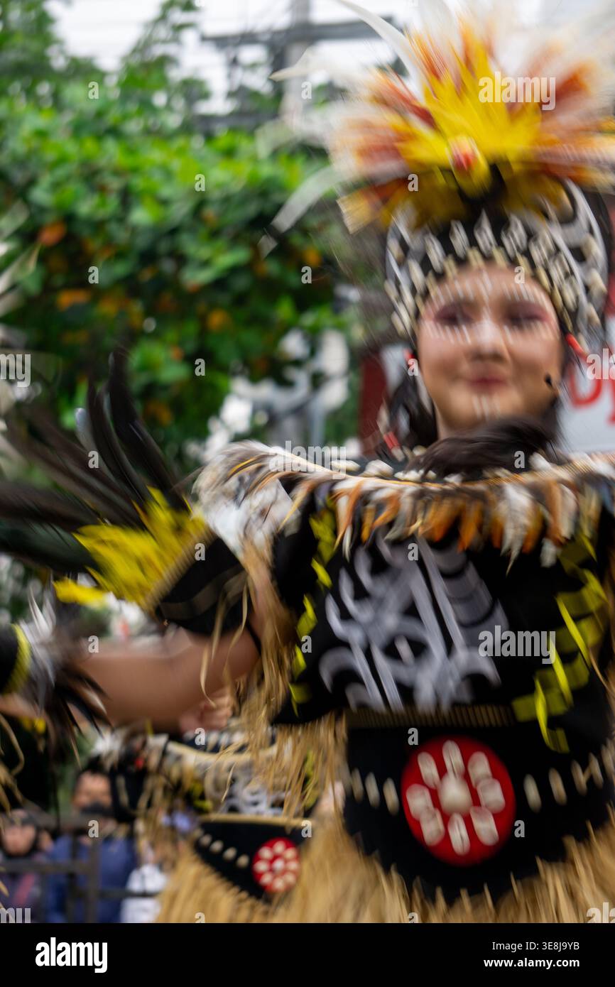 Danza Pangkur sagu dalla Papua centrale al carnevale DI BEN. Questa danza è un simbolo di apprezzamento per la crescita di alberi di sago sulla fertile pianta papuana Foto Stock
