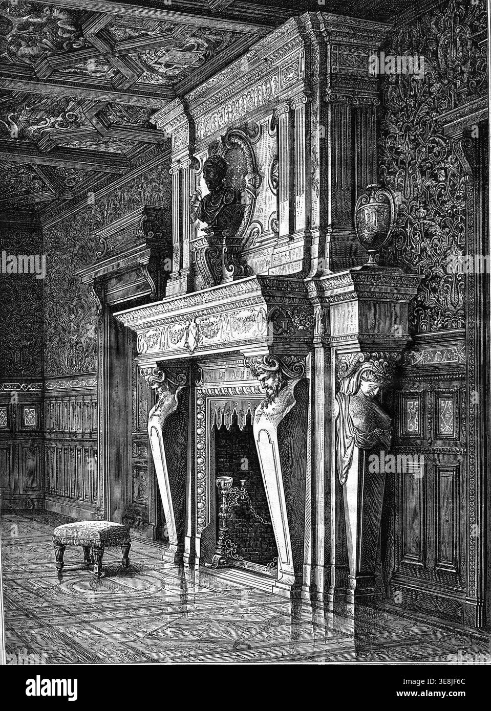 Castello di Saint-Roch, Tarn et Garonne, caminetto del soggiorno, illustrazione d'epoca incisa. Magasin Pittoresque 1876 Foto Stock