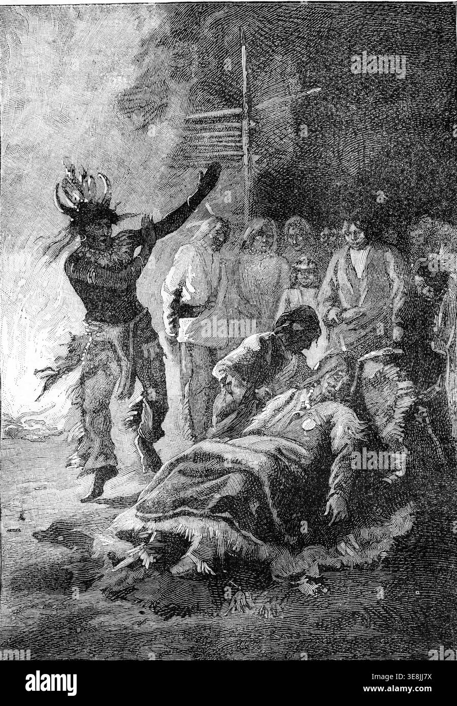 Stregone medico che esegue la sua danza rituale sui malati. Da Jules Verne Cesar Cascabel, incisione vintage, 1890 Foto Stock