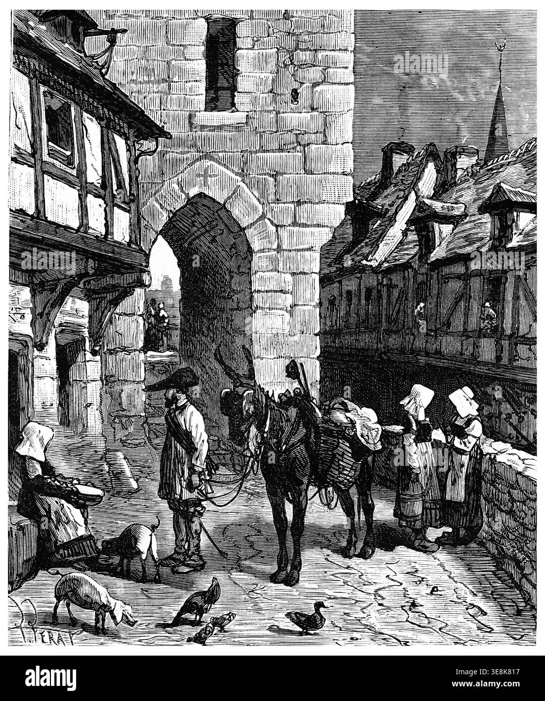 Il Tour de France un piccolo parigino, le strade di Nantes, illustrazione d'epoca incisa. Journal des Voyage, Travel Journal, (1880-81) Foto Stock