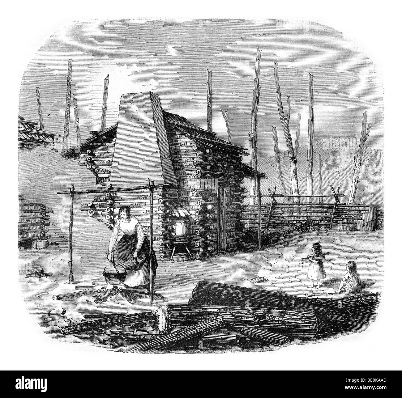 Hut pionieri americani, illustrazione vintage incisa. Magasin Pittoresque 1844 Foto Stock