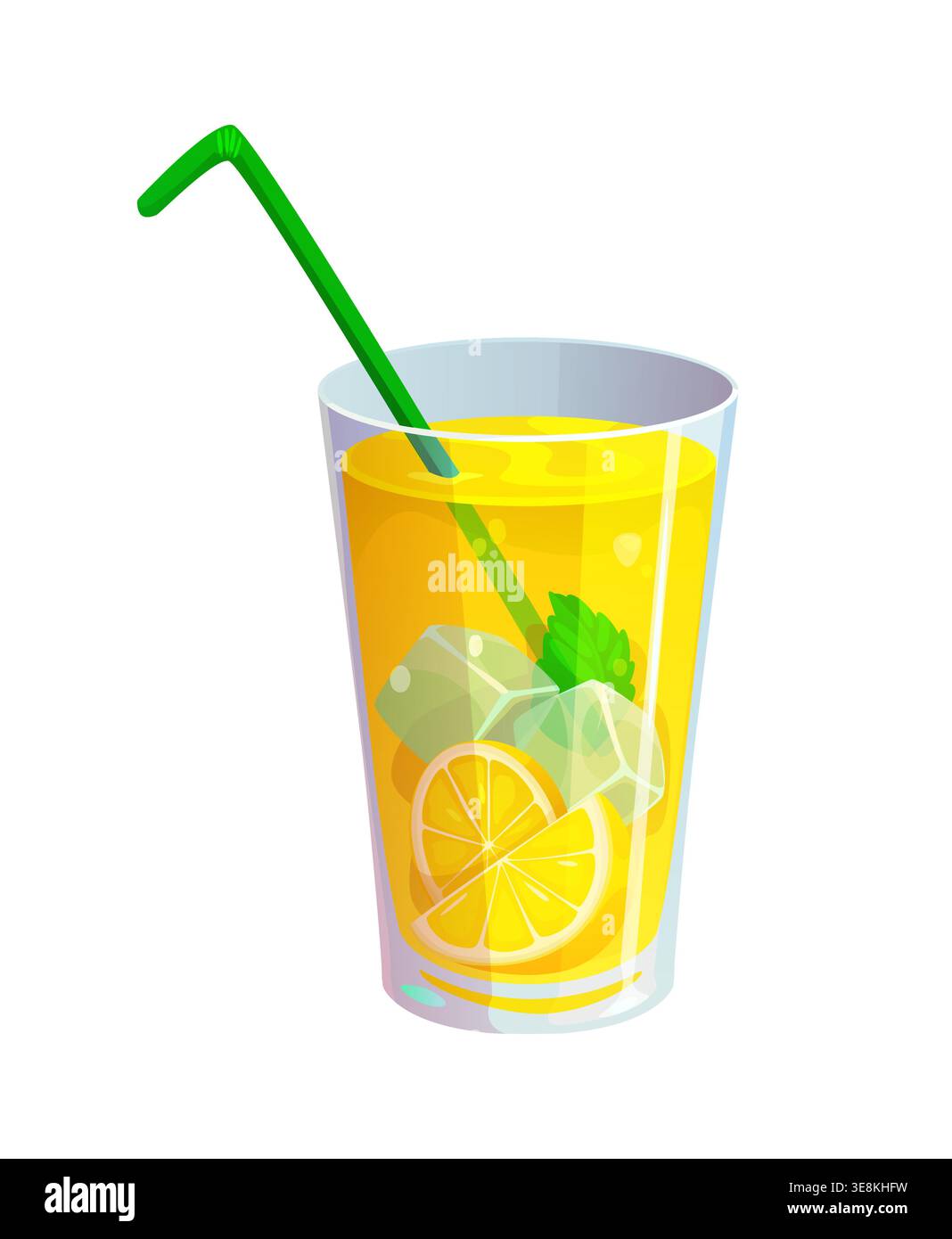 Bicchiere di limonata, succo di frutta al limone bevanda naturale. Bevanda a base di succo di agrumi dolce, bicchiere vettoriale di limonata naturale. Cocktail tropicale o bevanda estiva con limone, ghiaccio, foglie di menta e paglia Illustrazione Vettoriale