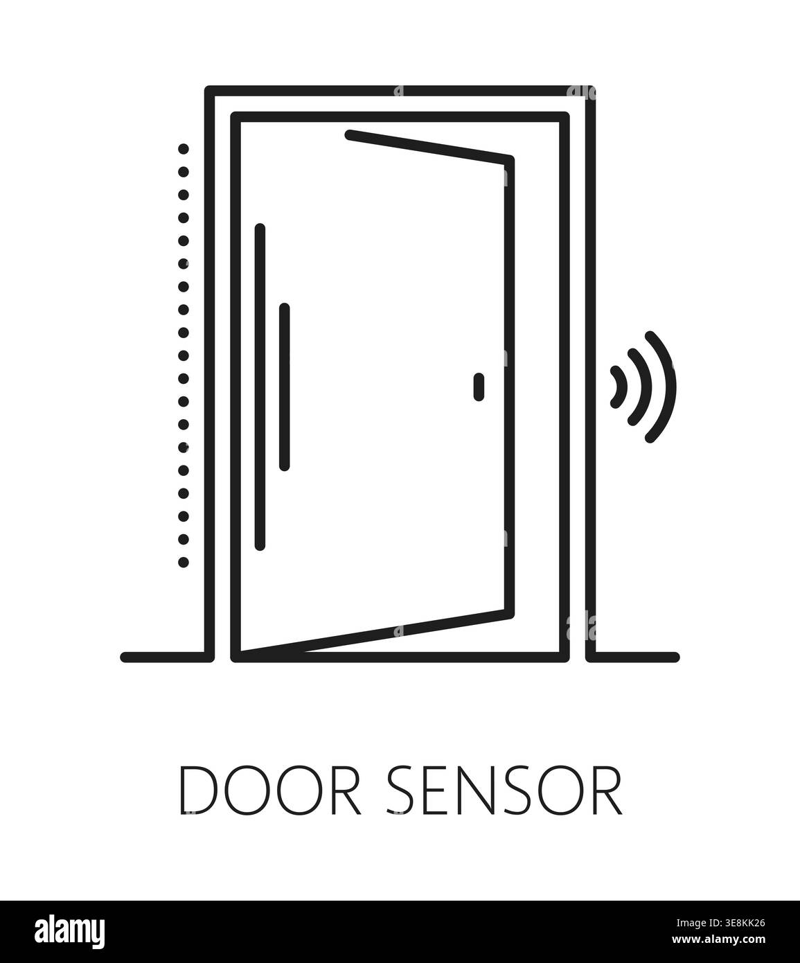 Icona o pittogramma della linea elettronica di sicurezza domestica del sensore della portiera. Segnaletica vettoriale linea sottile del dispositivo di sicurezza domestico, icona lineare dell'elettronica di sicurezza. Pittogramma o simbolo dell'apparecchiatura di allarme domestico con porta aperta Illustrazione Vettoriale