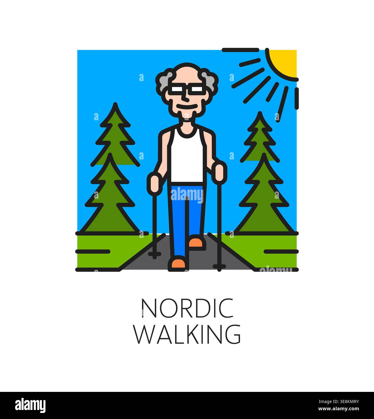 Servizio assistenza anziani nordic Walking icona o simbolo della linea colorata. Pittogramma di aiuto anziani, segno vettoriale del centro di assistenza anziani. Icona del servizio infermieristico per anziani con l'uomo anziano che cammina nella foresta o nel parco Illustrazione Vettoriale