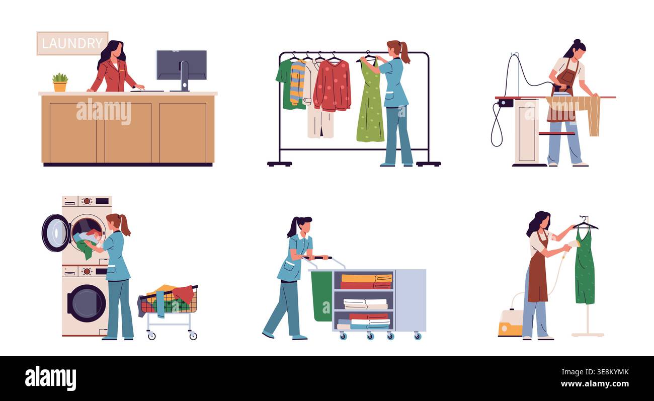 Personale addetto al servizio lavanderia. Le donne in uniforme si occupano in modo professionale di vestiti, lavatrici, stiratura a vapore dei tessuti, pulizia a secco professionale dei tessuti Illustrazione Vettoriale