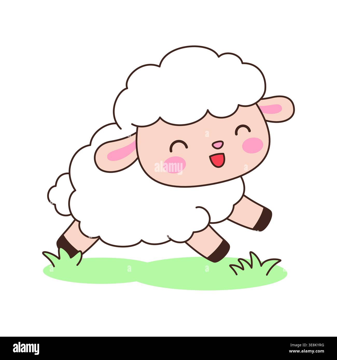 Simpatiche pecore bianche kawaii che saltano sull'erba illustrazione vettoriale dei cartoni animati su sfondo bianco Illustrazione Vettoriale