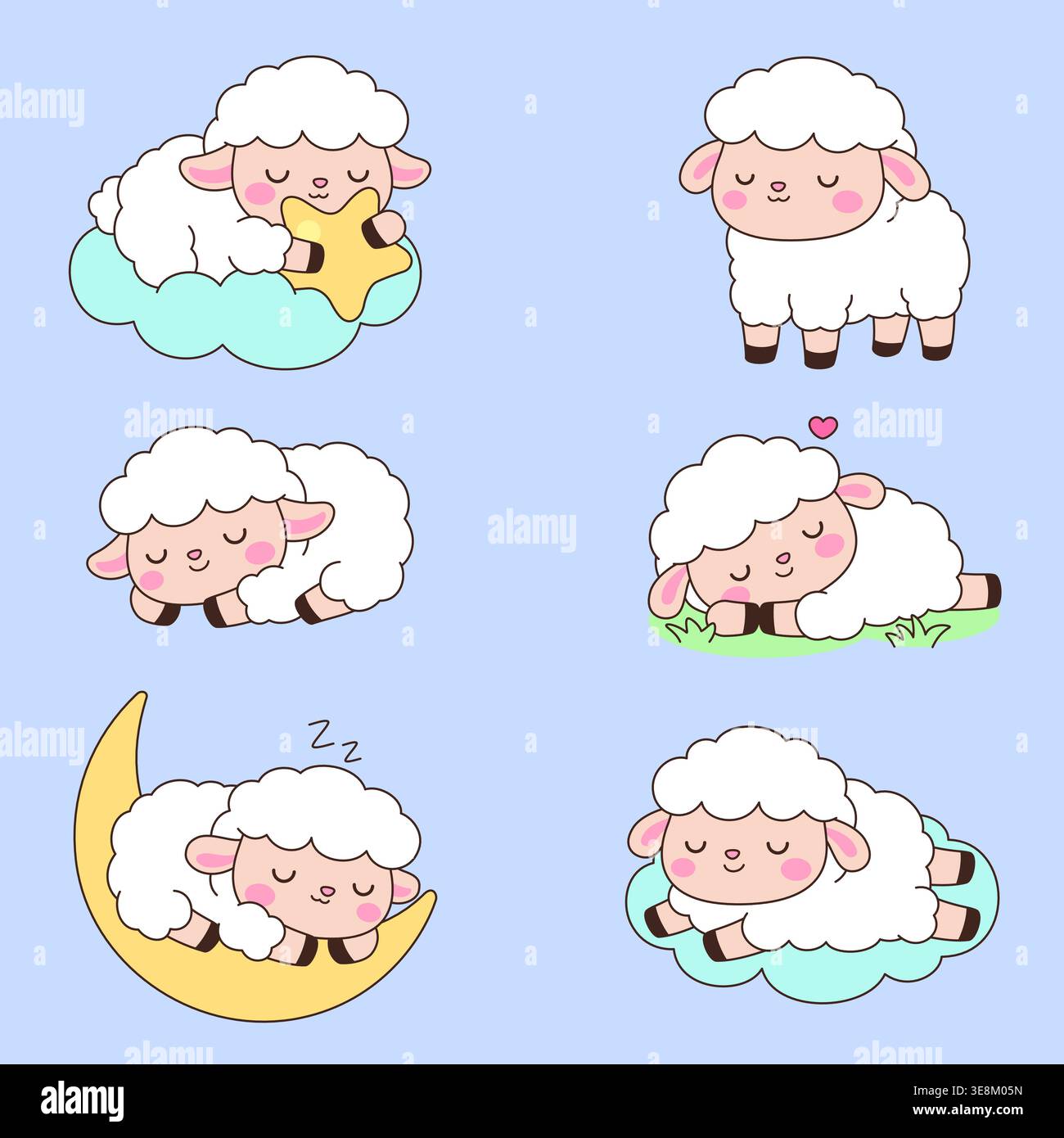 Simpatico adesivo per pecore kawaii con sei pose con illustrazione vettoriale fumetto luna ed erba su sfondo lavanda Illustrazione Vettoriale