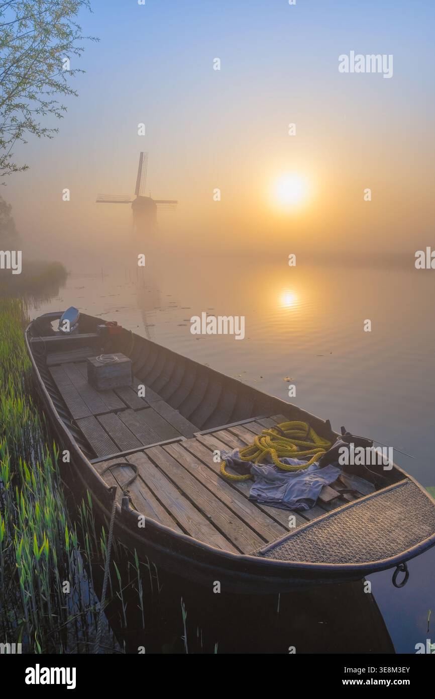 Un mulino a vento olandese all'alba con nebbia in un tipico paesaggio olandese con luce solare calda: Noordeloos, Paesi Bassi Foto Stock