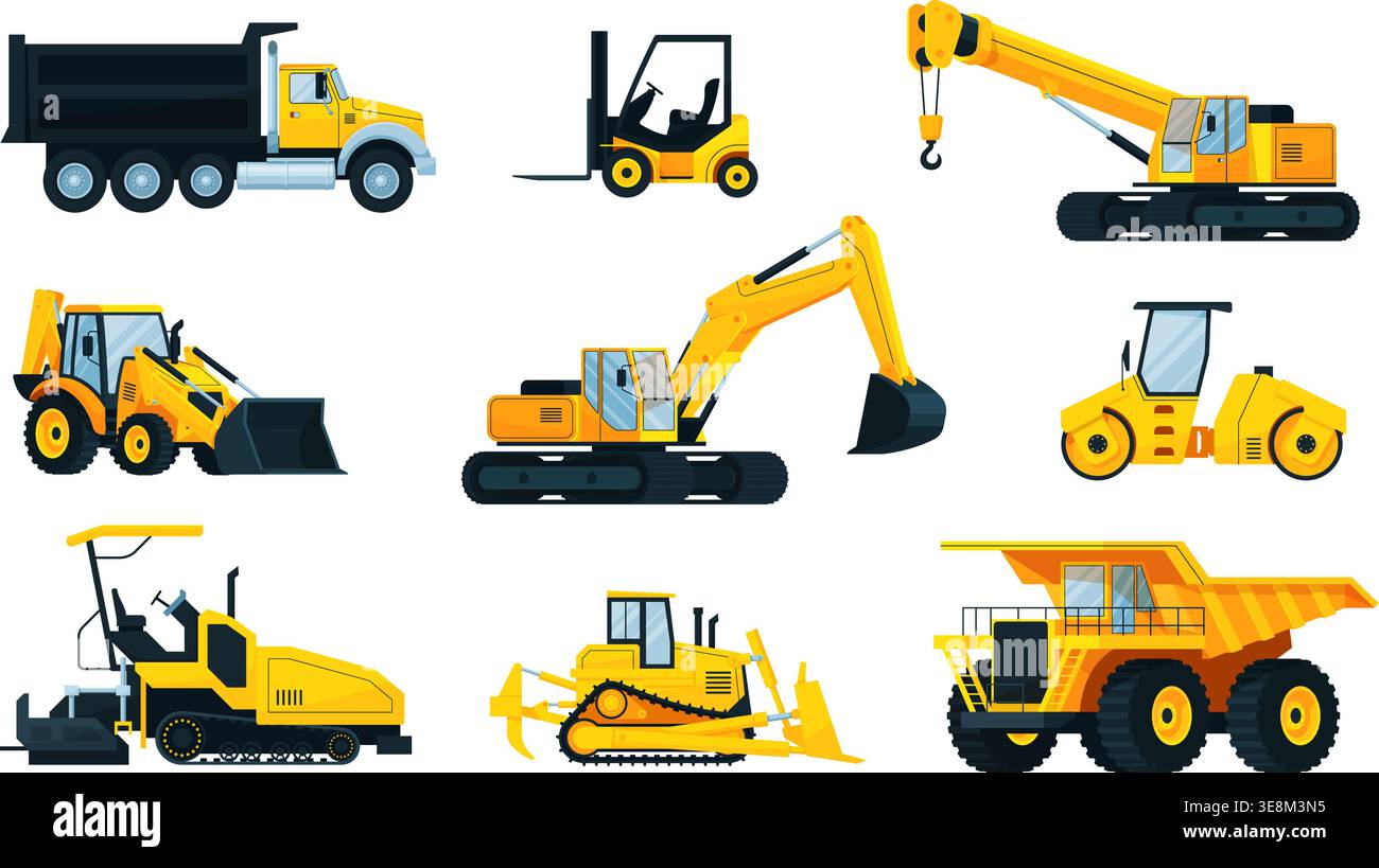 Macchine per la costruzione di cartoni animati. Escavatore per dumper pesanti escavatore escavatore escavatore bulldozer gru retroescavatore trattore rullo di scarico attrezzature da cantiere per veicoli illustrazione vettoriale qualitativa grafica originale Illustrazione Vettoriale