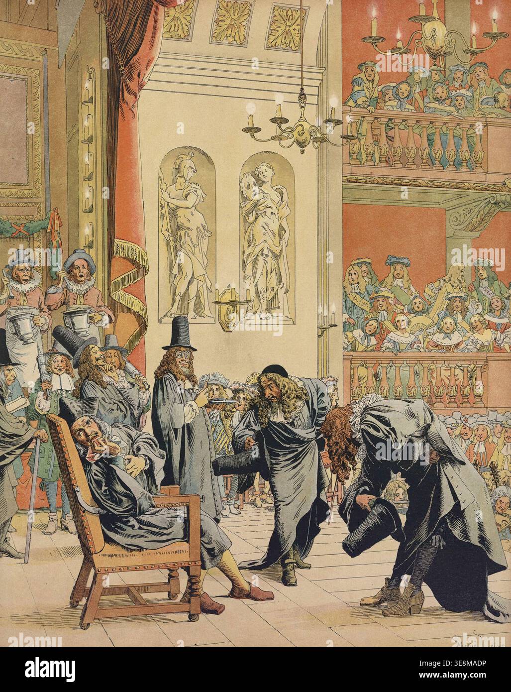Raffigurazione di Molière che muore sul palco mentre esegue "The Imaginary Invalid" con la "Troupe du Roy". Morì poche ore dopo nella sua casa in Rue de Richelieu a Parigi, il 17 febbraio 1673. Illustrazione di Maurice Leloir, pubblicata nel libro "le Roy Soleil" di Gustave Toudouze e curata da Boivin nel 1917. Foto Stock
