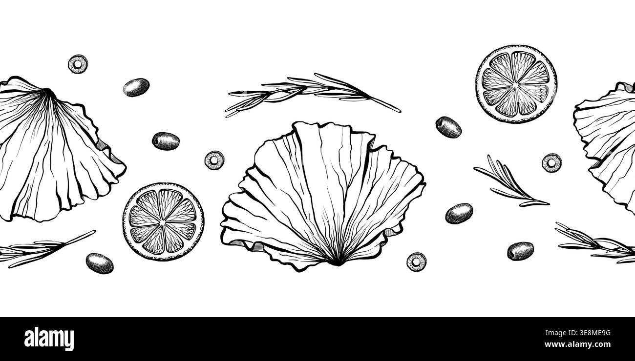 Bordo senza cuciture di lattuga e limone in un'arte minimalista con linee vettoriali. Insalata verde a ripetizione orizzontale con olive e rosmarino per un menu vegano Illustrazione Vettoriale