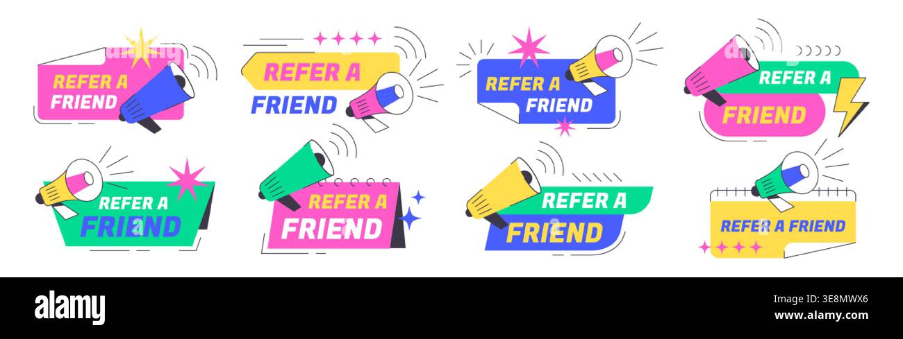 Segnala a un amico un set di badge colorato con megafono. Adesivi del programma di segnalazione dei dipendenti con l'icona dell'altoparlante. Etichette di design marketing per la collaborazione in rete aziendale, campagne pubblicitarie promozionali Illustrazione Vettoriale