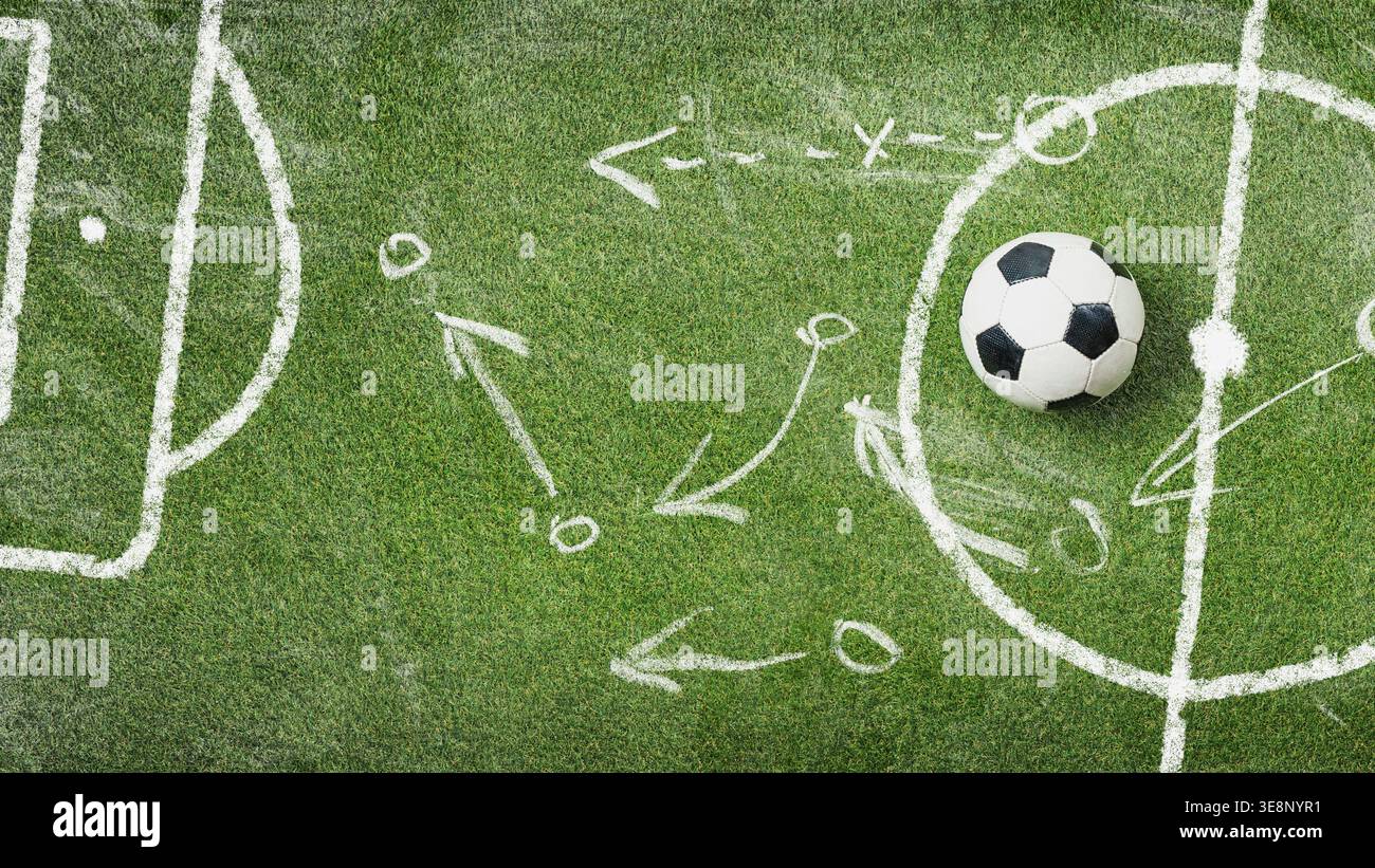 Struttura in erba verde con una palla da calcio come poster tattico. Strategia di calcio con spazio copia. Foto Stock