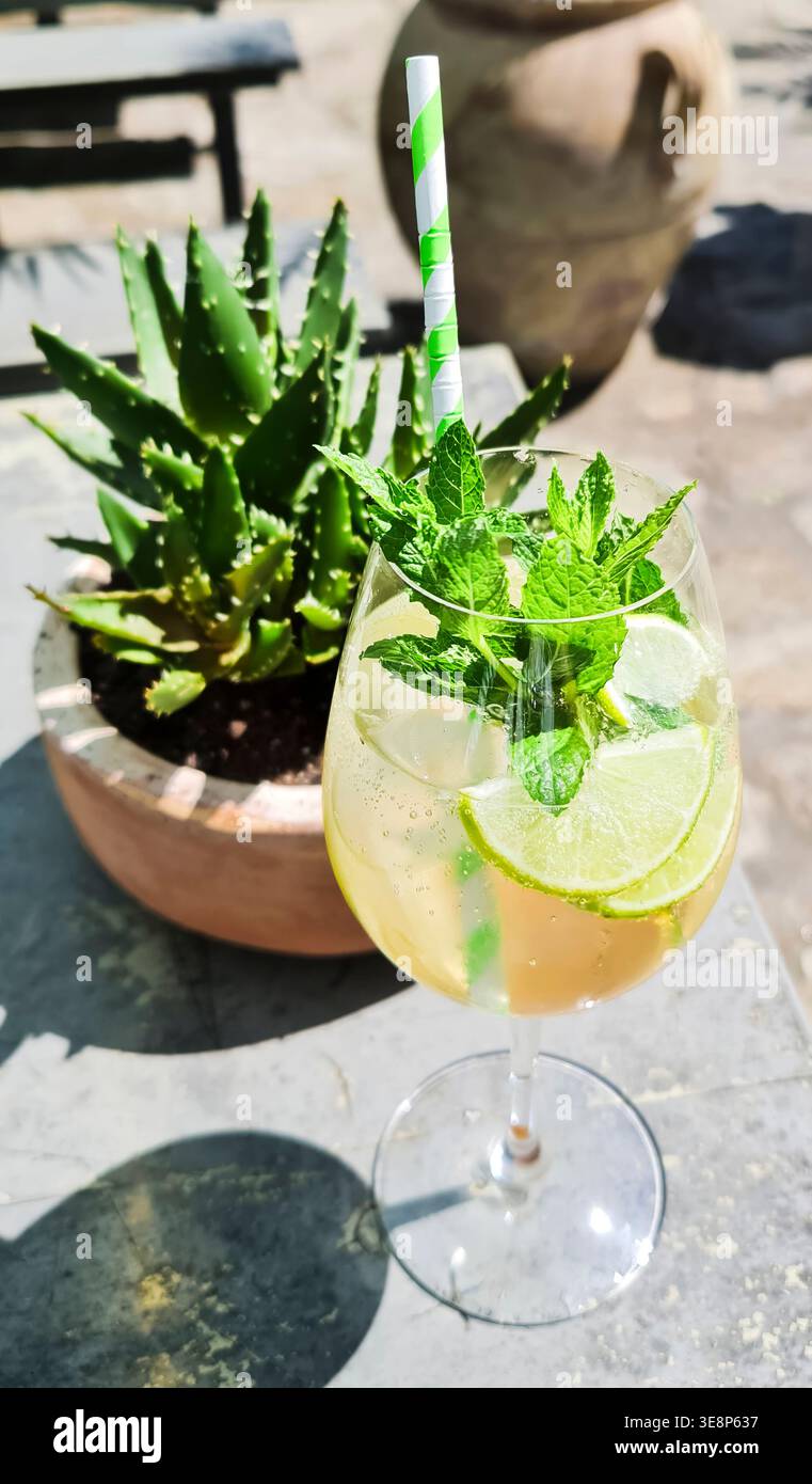 Rinfrescante drink estivo con lime e menta su un tavolo esterno testurizzato, per creare un'atmosfera informale e d'ispirazione estiva. Foto Stock