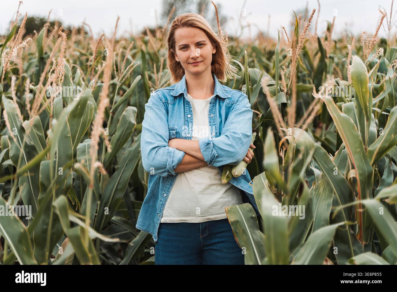 Agricoltore in piedi con le braccia incrociate nel campo di mais Foto Stock