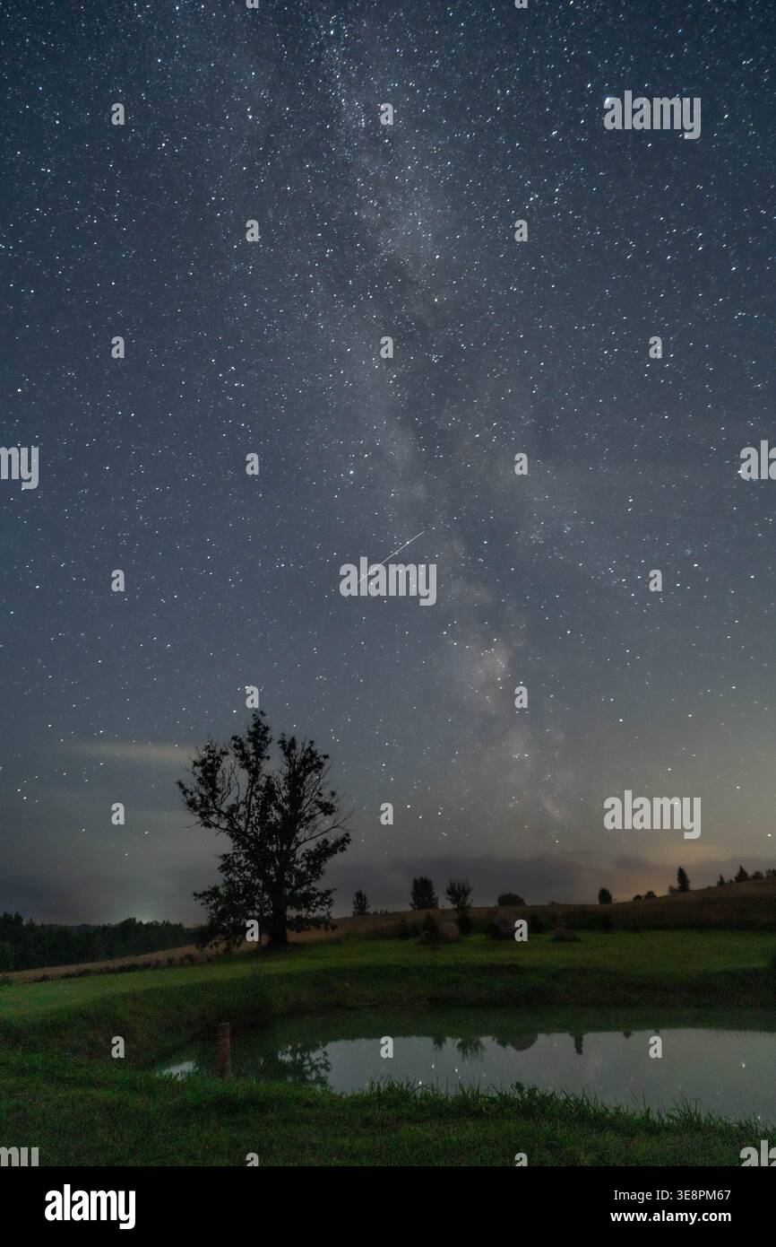 Via Lattea e meteora sopra lo stagno rurale di notte Foto Stock