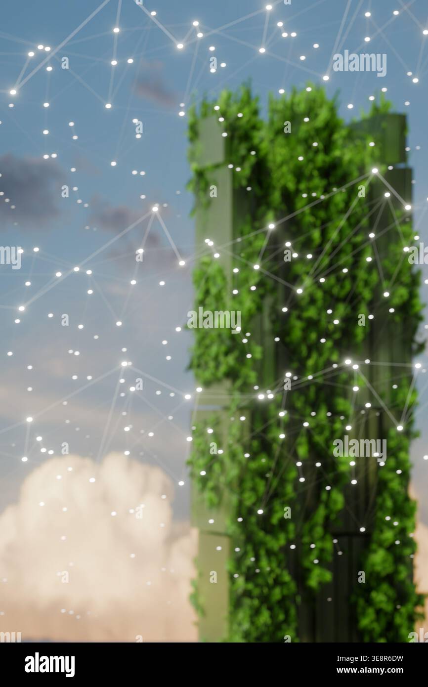 Architettura futuristica per giardini verticali integrata con una rete di dati globale, che rappresenta lo sviluppo sostenibile, le città intelligenti e le innovazioni ecologiche Foto Stock