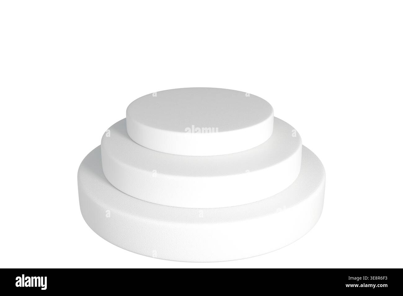 Tre blocchi circolari di varie dimensioni impilati per formare una piattaforma a più livelli su sfondo bianco, ideale per mockup, artigianato e vetrine di prodotti. Foto Stock