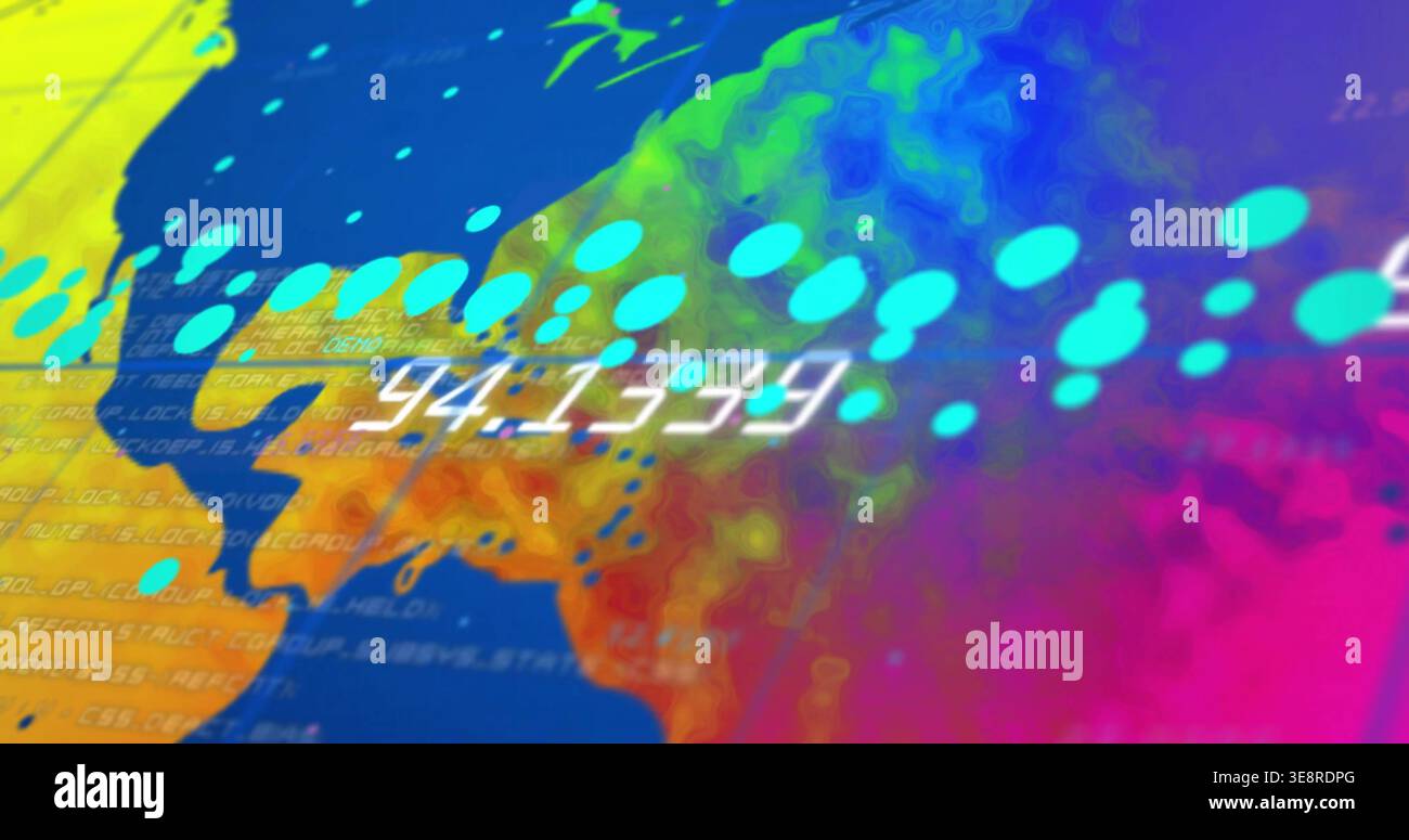 Visualizzazione di un blocco di mappe con rotazioni di gradiente sullo schermo, con punti ciano, glifi sfocati e bande di codice Foto Stock