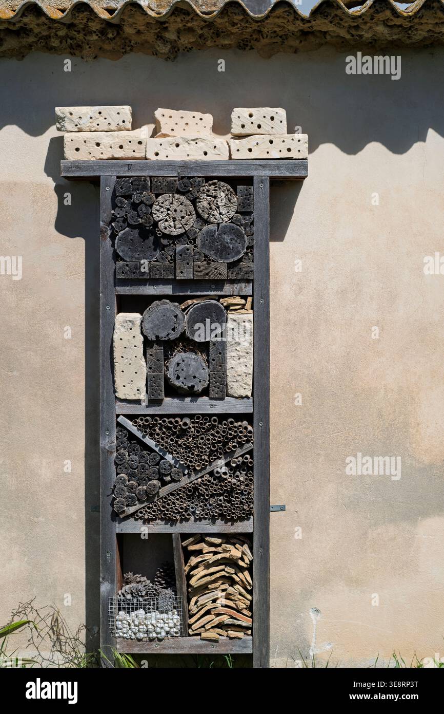 Questa struttura per la biodiversità fornisce rifugio alle api selvatiche, note anche come api solitarie. L'hotel delle api selvatiche conserva la vita di questi importanti sondaggi Foto Stock