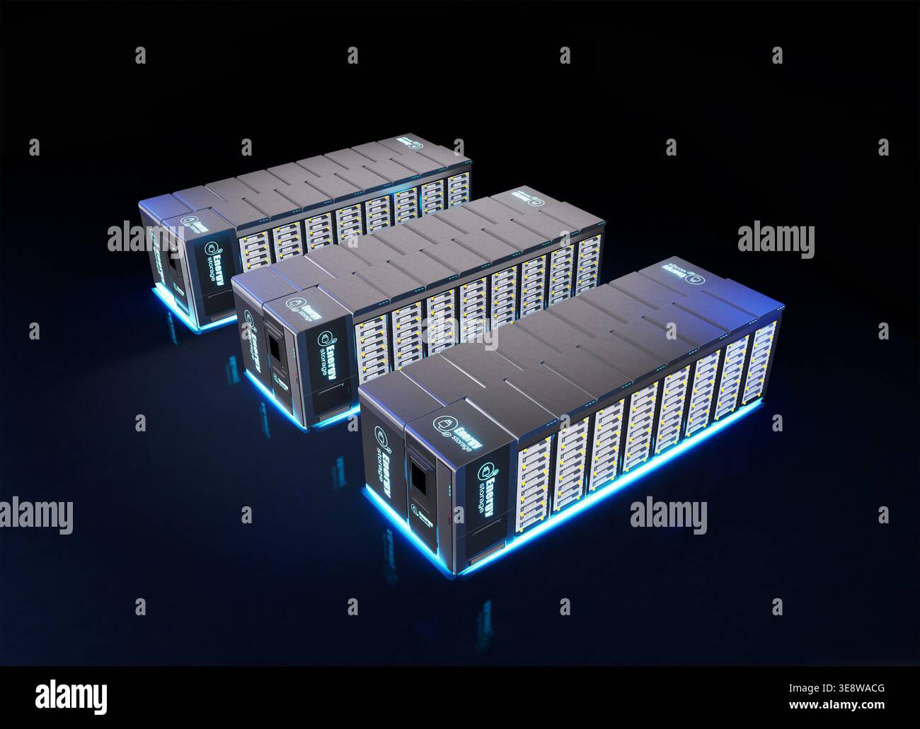 gruppo di rendering 3d di sistemi di immagazzinamento dell'energia o unità contenitore batteria isometriche su sfondo nero Foto Stock