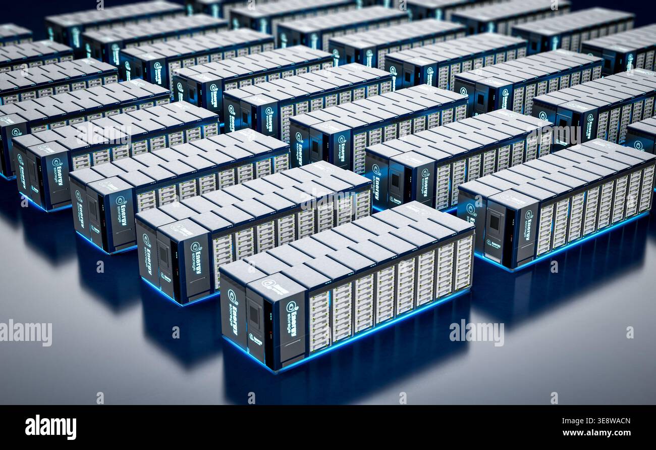 gruppo di rendering 3d di sistemi di immagazzinamento dell'energia o unità contenitore batteria isometriche su sfondo nero Foto Stock