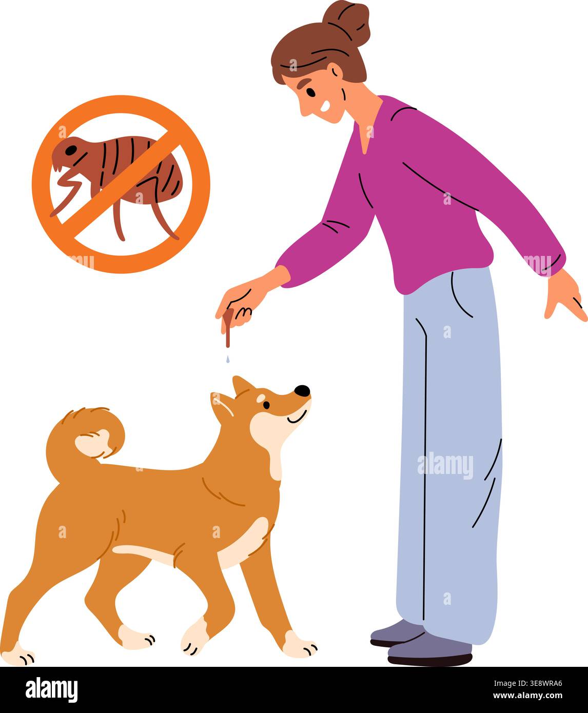 La giovane donna applica il trattamento delle pulci al suo cane. Prevenire gli organismi nocivi sugli animali domestici. Prevenzione dei morsi parassitari. Il proprietario di Doggy che gocciola repellente per insetti Illustrazione Vettoriale