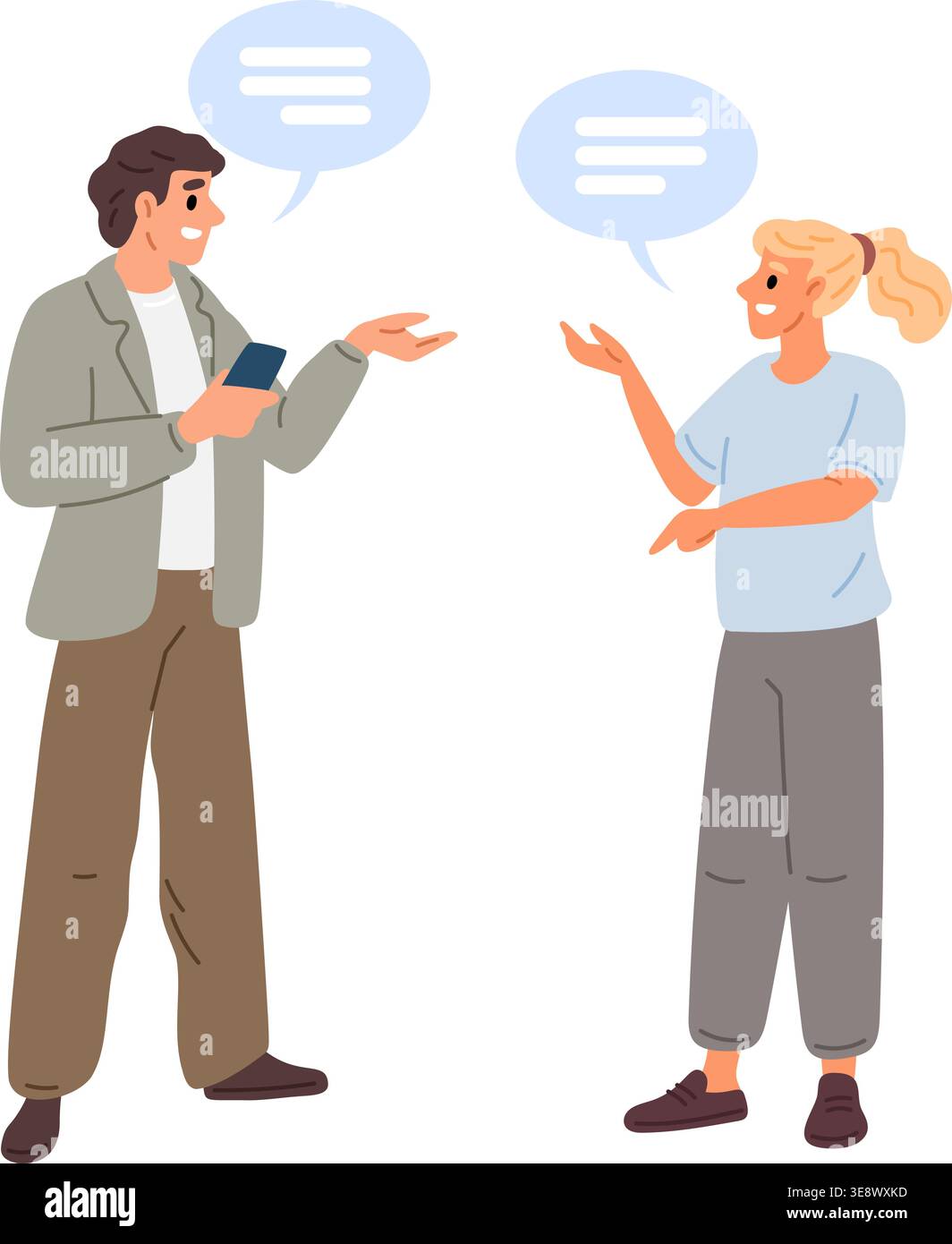 Uomo e donna che hanno conversazione usando le bolle del discorso. Comunicazione aziendale. I giovani parlano. Colloquio di opinione e discussione. Amici Illustrazione Vettoriale