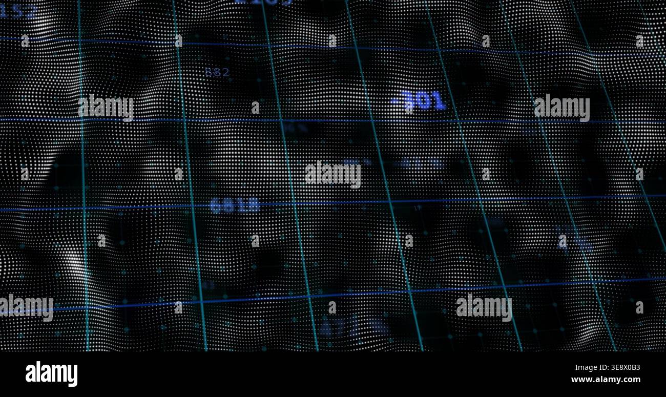 Animazione della mesh sull'aggiornamento dei dati in 3D virtuale, con linee della griglia blu, verticali ciano e etichette numeriche Foto Stock